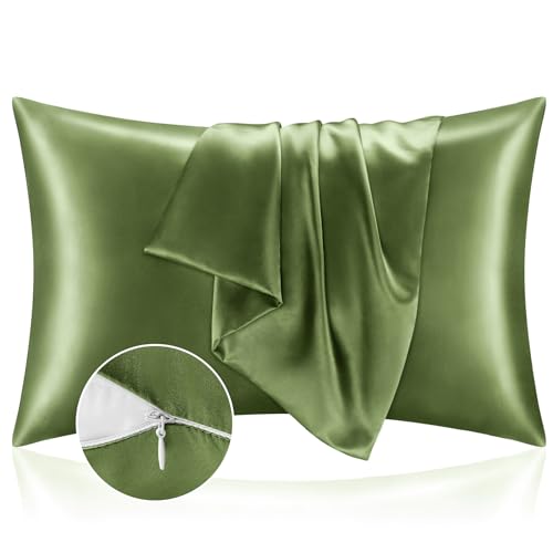 BEDELITE Satin Pillowcase with Zipper, Cedar Green King Size Pillow Cases Set of 2, Super Soft and Cooling Similar to Silk Pillow Cases, Gift for Women Men(20x40 Inches)