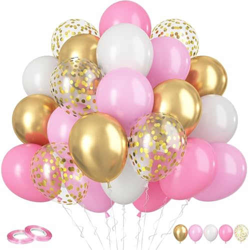 Image of Pink and Gold Balloons 60PCS Pink White and Gold Balloon Set, 12 Inch Metallic Golden Confetti Latex Balloons for Women Girls Birthday Baby Shower Bridal Shower Wedding Princess Party Decor