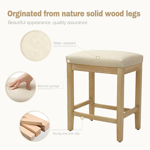 Image of RNKSFX Counter Height Bar Stools Set of 3 for Kitchen Counter Farmhouse Modern Backless Barstools with Faux Leather Upholstered Seat and Solid Wood Legs 24 inch Bar Chairs, Khaki + Wood Color