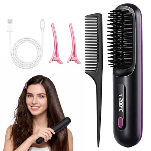 Brosse Lissante Sans Fil, Brosse Chauffante Cheveux Court, Peigne Chauffant Rechargeable Portable avec Affichage LED, 3 Réglages de Température, 160-200℃,...