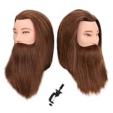 Male Mannequin Head with Human Hair Barber Mannequin Head Beard Practice Male Haircut 100% Manikin Head Doll Head for Hairdresser Cutting Styling with Clamp Stand-Brown