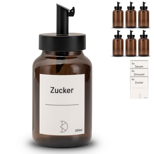 Koffs Design - 6 unidades de azucarero con dosificador de acero inoxidable – esparcidor individual para azúcar, espolvorear, semillas de sésamo, semillas y más - moderno azucarero de cristal con