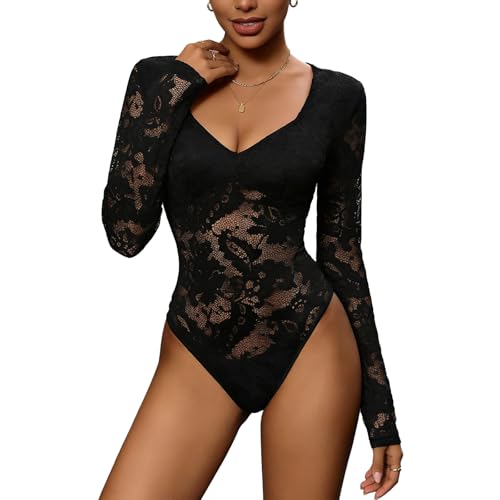 ADUDVLO Womens Sexy Lace Bodysuit Black Long Sleeve Deep V Lingerie Body Suit Going Out Tops Date Night Clubbing Outfits (black L)