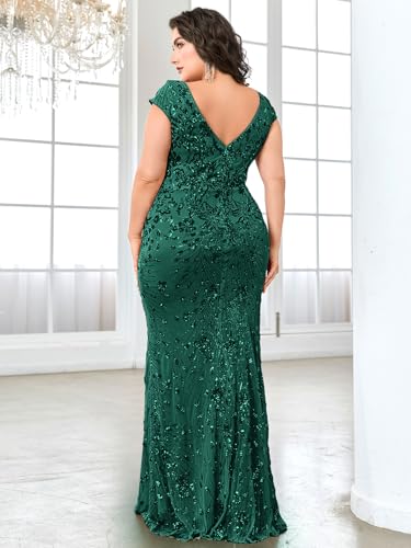 Image of Plus Size Womens Sequined Long Evening Gown Glamous Sleeveless V-Neck Mermaid Prom Dress for Wedding Party