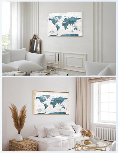 Image of IPIC - Large Personalized World Map Canvas Wall Art, Push Pin Travel Map with Custom Names to Track Your Travels, Vintage Teal Framed Wall Decor for Home, Office or RV, Ready to Hang