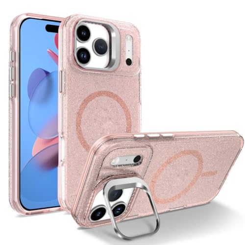 Coque magnétique iPhone 17 rose à paillettes translucides avec support et cadre de lentille