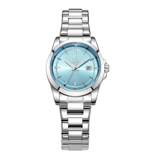 SHENGKE Minimalistische Quarzuhren für Frauen mit Datum Edelstahlarmband und modischem Farbzifferblatt (Silber-Blau)
