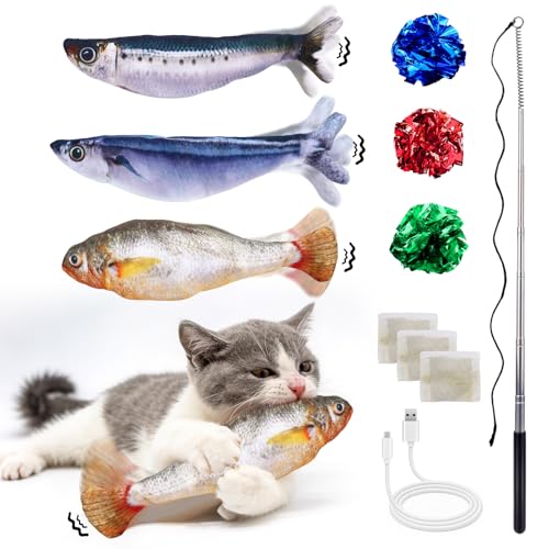 3PCS Interactive Cat Toy Floppy Fish Cat Toy with Crinkle Paper & Fishing Pole Moving Cat Toys for Indoor Cats Boredom Relief Rechargeable Automatic Touch-Activated Toys for Interactive Fun