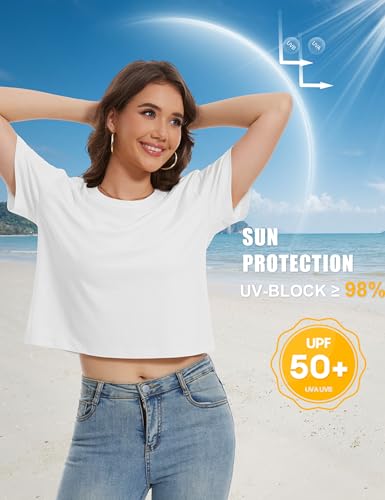 YUCOLEN Women's Crop Tops Summer Short Sleeve Cotton UPF 50+ Round Neck Casual Loose Cropped T-Shirts Solid Basic Tees3
