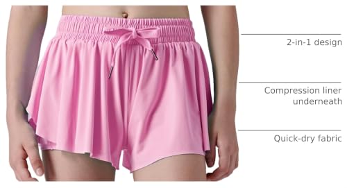Image of 1 or 3 Pack Girls Flowy Shorts with Spandex Liner & Pocket, 2-in-1 Athletic Butterfly Shorts for Running Dance