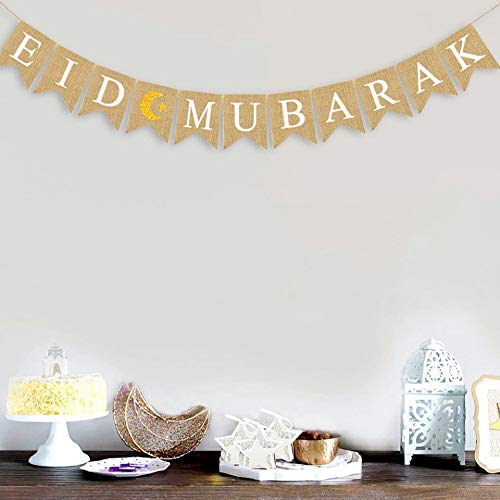 SWHATYW Burlap Eid Mubarak Banner Muslim Party Supplies Fireplace Mantel Decoration, Gold, 13cm*17cm - Image 2