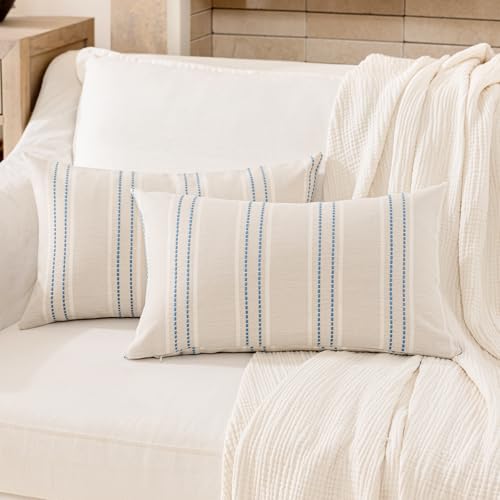 Image of Hckot Throw Pillow Covers 12x20 Set of 2 Blue Pillow Covers Farmhouse Decorative Pillows Textured Linen Square Cushion Covers for Sofa Couch Bed Living Room Decor(Lake Blue)