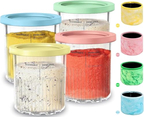 Image of 4 Pack for Creami Deluxe 24OZ Pints and Lids with Neoprene Sleeve,Family Ice Cream Storage Containers for Creami Maker 11-in-1 NC501 NC500 Series (Dishwasher Safe Reusable Leak Proof)