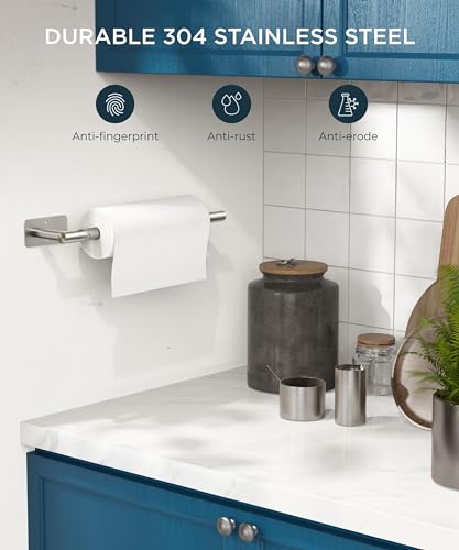 Image of FORIOUS Paper Towel Holder Under Cabinet, Wall Mount or Self Adhesive Pivoting Commercial Towel Paper Roll Holder Dispenser Stick On Bar Sinks, Brushed Nickel