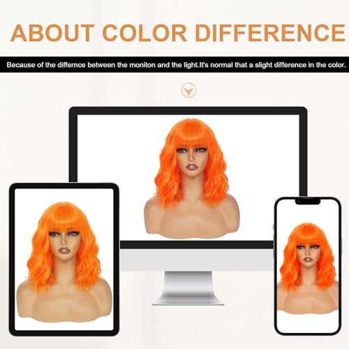 Image of AGO Orange Wig with Bangs Ginger Wigs Short Wavy Hair for Women Colorful Costume Wig Heat Resistant Fiber Wigs for Daily Party Halloween Cosplay Use(TF2202#Orange)