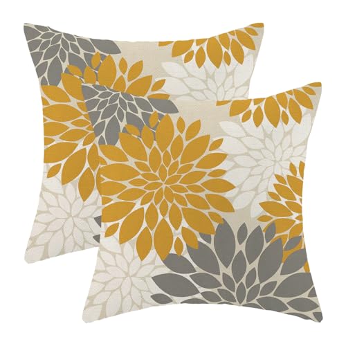 CXMEIFLY Juego de 2 fundas de almohada de 18 x 18 pulgadas, color amarillo mostaza y gris, decoración floral de dalia blanca, fundas de cojín decorativas para sofá, cama, decoración de verano