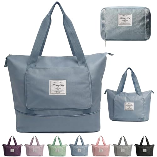 Image of 41L Expandable Travel Duffle Bag for Women | Waterproof Nylon Foldable Travel Bag | Overnight Luggage Handbag with Wet Pocket | Lightweight Carry-On Gym & Weekend Bag for Ladies (Blue)