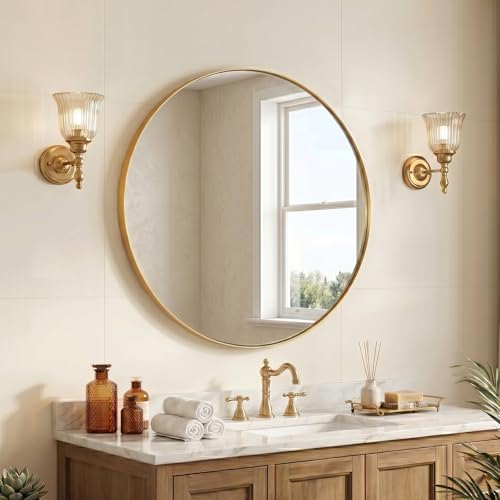 Image of ANDY STAR Round Gold Mirror, 28 Inch Brass Round Mirror, Brushed Brass Bathroom Mirrors for Over Sink, Decorative Wall Mirrors, 1 Inch Deep Set Design, Ideal for Home Remodel, Hanging or Leaning