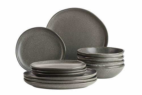 MÄSER 934008 Serie Marlena, Modernes Vintage Geschirr-Set für 4 Personen, 12-teiliges Tellerset mit edel glänzender, grauer Glasur mit weißen Sprenkeln, Steinzeug, grau