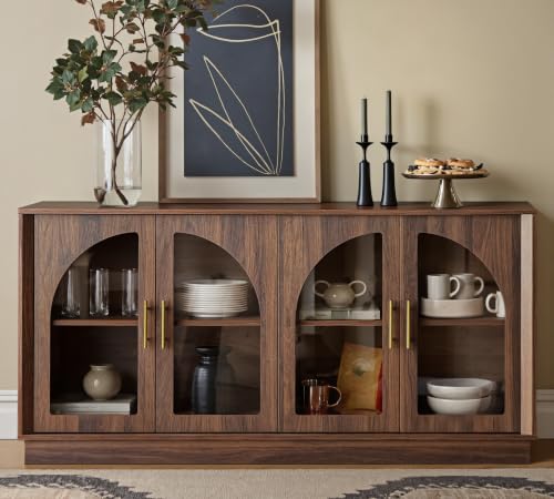 Image of FORTUNETEC 64 inch Sideboard Buffet Cabinet with Arched Glass Doors,Dark Walnut