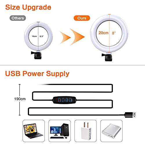 8" Ringlicht Laptop, Beleuchtung Videokonferenz Licht, Led Videoleuchte mit - USB-Kabelsteuerung, Klemmhalterung, Handy Stativ, für Fernarbeit, Fernunterricht, Live Streaming – Bild 3