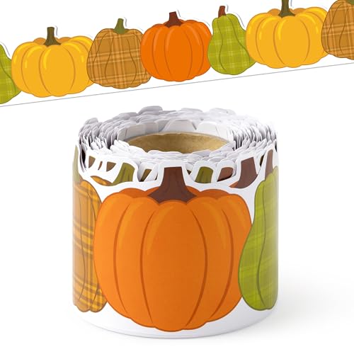 Image of BeYumi Fall Pumpkin Border Trim - 65ft Fall Plaid Pumpkin Shape Rolled Border Trim Autumn Thanksgiving Halloween Bulletin Board Set Harvest Party Decor School Classroom Office Chalkboard Decoration