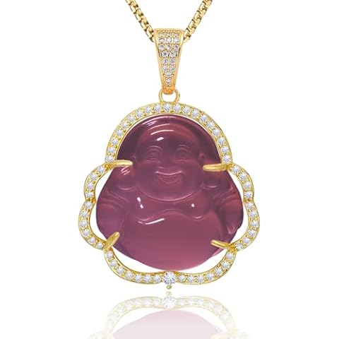 Laughing Buddha Necklace Jade Buddha Pendant with 18k Gold Plated Chain Lucky Buddah Neckless for Women Men, Copper, Agate Cover