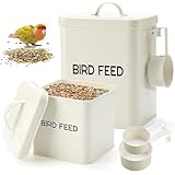 Reallnaive 2 Pcs Metal Bird Seed Container with Scoop, White Bird Feed Storage Container with Fitted Lid, Ideal Gift for Birds and Pet Owners
