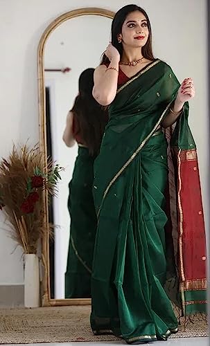 Image of SGF11 Women's Casual Style Kanjivaram Soft Cotton Linen Silk Saree With Regular Fit Blouse Piece (Green Maroon), Free Size