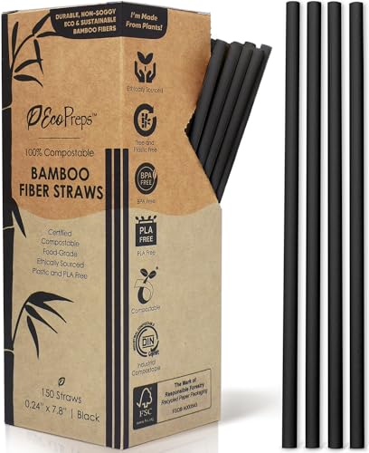 EcoPreps Black Biodegradable Bamboo Fiber Straws - 150 Count 100% Compostable Plastic-Free Eco-Friendly Drinking Straw - 7.8 Plant Fiber Disposable Straws Compostable Black Straw For Cocktails