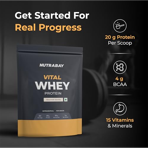 Image of Nutrabay Gold Vital Whey Protein Powder for Beginners with Added Vitamins & Minerals - Muscle Growth & Body Strength - 1kg, Gourmet Vanilla | Easy to Digest | 100% Authentic Imported Clean Protein