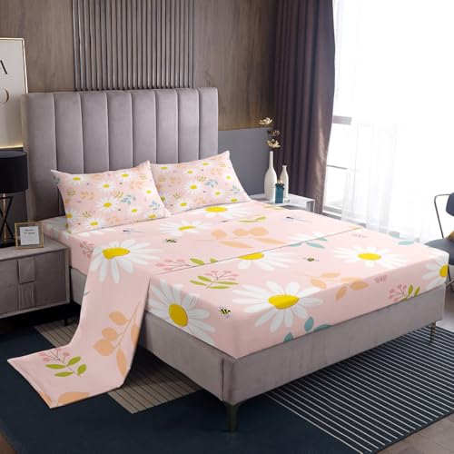Image of Daisy Flowers Bed Sheet Queen Set Bee Butterfly Sheets Sets Adults Bedroom Decor Spring Floral Microfiber Bedding Set with Flat,Fitted Sheet,2 Pillow Cases
