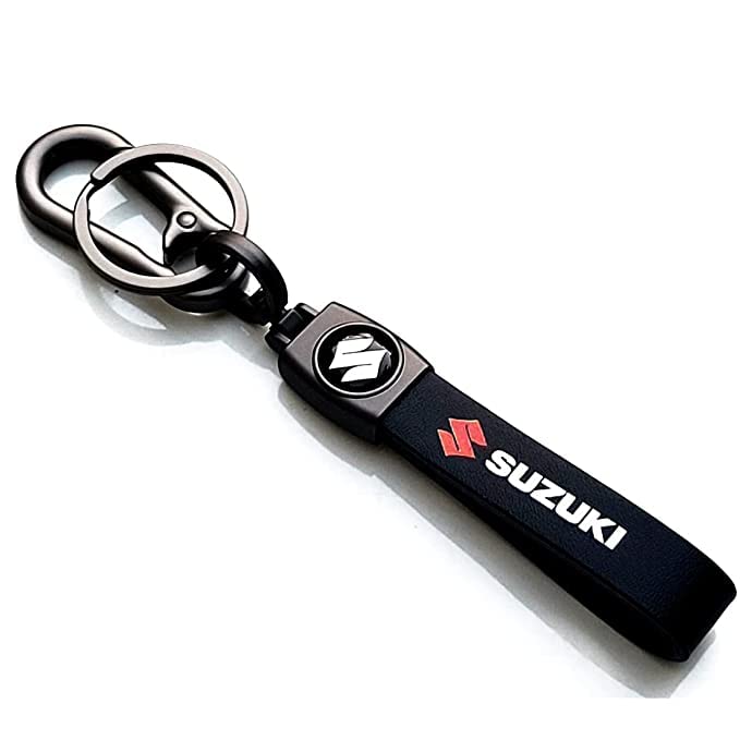 Imported Leather/Metal Key Chain With Hook Compatible With Suzuki Cars, Men/Women Key Ring, Black