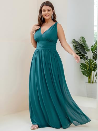 Image of Ever-Pretty V Neck Sleeveless Pleated Chiffon Maxi Plus Size Formal Dress for Women Bridesmaid Dresses 09016-DA