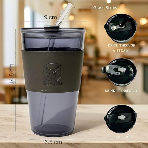 Image of 400ml Glass Sipper Mug with Leather Grip Sleeve - Leak-Proof Lid & Straw | Reusable Tumbler for Hot & Cold Beverages, Water, Juice, Coffee | Home, Bar, Office Use (Big Black Mug)