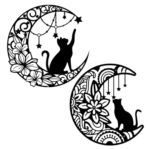 Mocrop 2 Pièce Decoration Murale Metal - Chat Cueillant Des Étoiles, Tableau Decoration Murale Salon Moderne, Avec Accessoires de Montage, Pour Décoration...