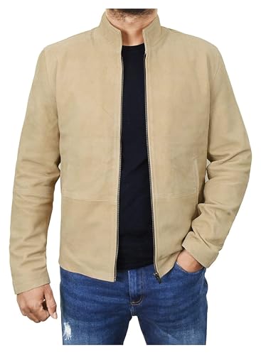 NM-Fashions Men’s Beige Suede Leather Jacket - Soft Sheepskin Casual Lightweight Leather Jacket, Medium