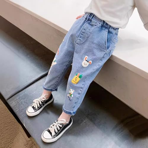 Girls Jeans Cute White Rabbit Printed Waist Elasticated Pockets Fashion Casual Toddler Trousers3