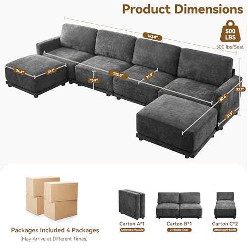 Image of 143.8 inch Modular Sectional Sofa Modern Chenille U Shaped Couch with Thickened Seat Cushions, Easy Assembly, Upholstered 6 Seater Couch with 2 Movable Ottomans for Living Room, Grey