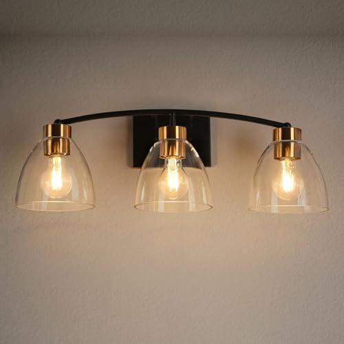 Image of KSANA Bathroom Light Fixtures, 3-Light Black and Plating Brass Vanity Lights for Bathroom, 22.8'' Modern Farmhouse Bathroom Lighting Lights Over Mirror with Clear Glass Shade