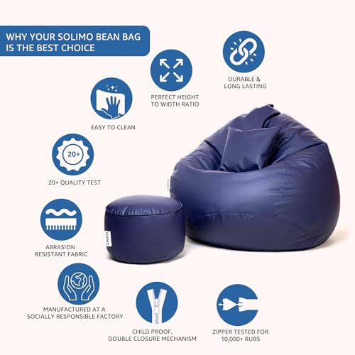 Image of Amazon Brand - Solimo 5XL Premium Faux Leather Bean Bag with Footstool & Cushion Combo for Living Room | Bean Bag Filled with Beans | Capacity Upto 6'7 inch Height & 130 Kg Weight | (Blue)