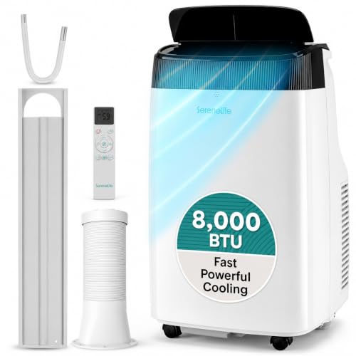 Image of SereneLife Portable Air Conditioner, Dehumidifier & Fan | Dual Motor 3-in-1 8,000 BTU AC with 64F-90F Temperature Range, Cools Up to 350 Sq Ft, 3 Fan Speeds, Remote Control & Window Kit, White