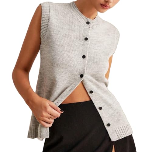 Image of Women Button Down Knit Sweater Vest Casual Loose Fit Crew Neck Sleeveless Button Front Knitted Sweater Cardigan