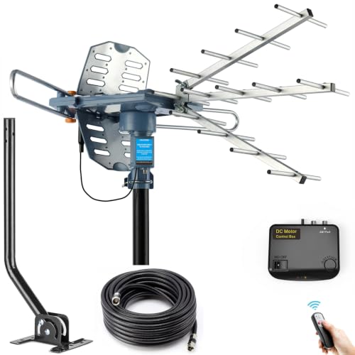 PBD Digital Outdoor TV Antenna 150 Miles Range 360 Rotating Directional Motor with Remote Control Dual TV Support Mounting Pole 40FT RG6 Cable UHF/VHF Reception