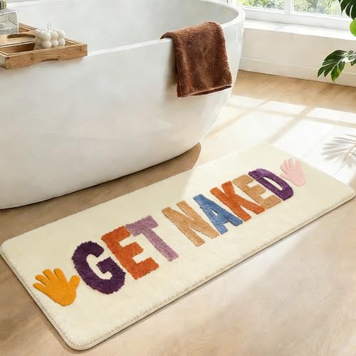 Badezimmerteppich “GET Naked” Bunt Badematte rutschfest 120*44cm Waschbar Badteppich “GET Naked” Bath Mat Spaßig Badvorleger für Dusche WC Deko, Saugfähig Badvorleger (Gelbe (bunt) Buchstaben)