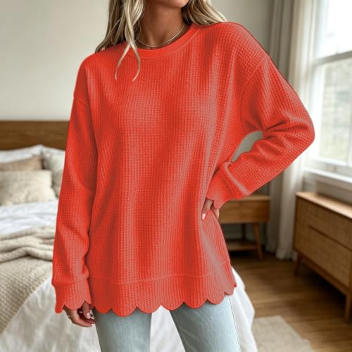 Womens Waffle Knit Top Long Sleeve Crewneck Fall Scalloped Sweatshirt 2026 - image 3