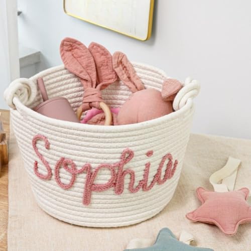 Personalisierter, handgefertigter Korb, Baby-Wickeltasche, Organizer für Mädchen und Jungen, Geschenkkorb, Spielzeugkorb, Baumwollseilkorb, Aufbewahrungskorb (L 28 x 16 cm)