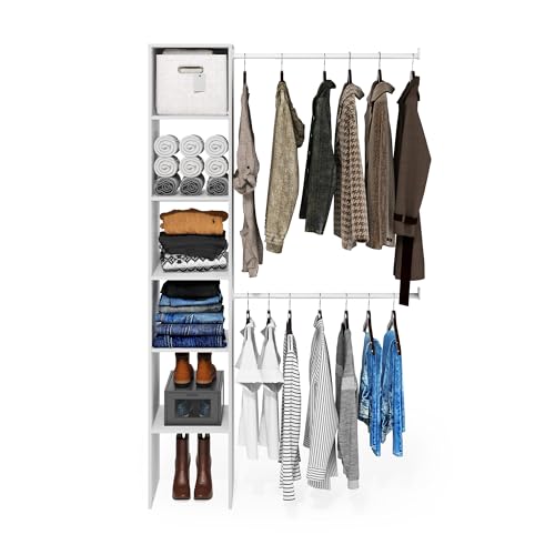 Image of Furinno FANO Closet Organizers and Storage, 5-Tier Closet Storage Organizer with 2 Hanging Bars, Wardrobe Closet Shelf Towers, Adjustable Shelves, for Wardrobe, Bedroom, Living Room, White