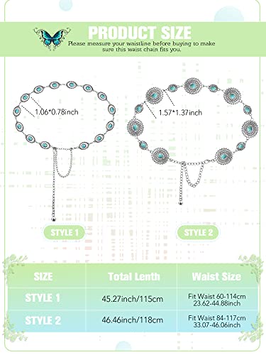 Epakh Concho Chain Belt for Women Western Silver Oval Turquoise Adjustable Metal Waist Belts Dress Jeans Country Concert(Classic Style,2 Pieces)3