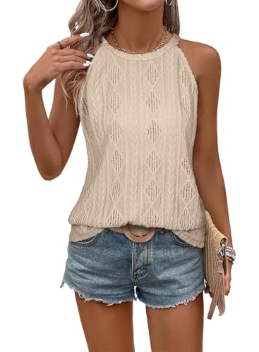 BLENCOT Tank Top for Women Loose Fit High Neck Sleeveless Halter Tops Casual Eyelet Crochet Knit Summer Flowy Textured Cami Shirts Blouse Khaki S